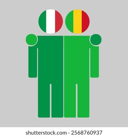 Flat illustration of two human figures with Italy and Mali flags as heads. Minimalistic design, isolated background.