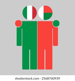 Flat illustration of two human figures with Italy and Madagascar flags as heads. Minimalistic design, isolated background.