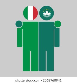 Flat illustration of two human figures with Italy and Macau China flags as heads. Minimalistic design, isolated background.