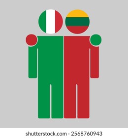 Flat illustration of two human figures with Italy and Lithuania flags as heads. Minimalistic design, isolated background.