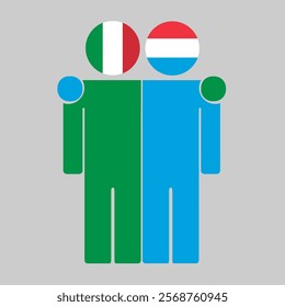 Flat illustration of two human figures with Italy and Luxembourg flags as heads. Minimalistic design, isolated background.