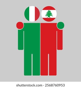 Flat illustration of two human figures with Italy and Lebanon flags as heads. Minimalistic design, isolated background.