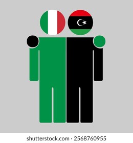 Flat illustration of two human figures with Italy and Libya flags as heads. Minimalistic design, isolated background.