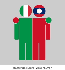 Flat illustration of two human figures with Italy and Laos flags as heads. Minimalistic design, isolated background.