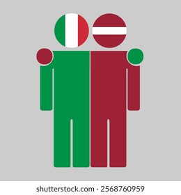 Flat illustration of two human figures with Italy and Latvia flags as heads. Minimalistic design, isolated background.