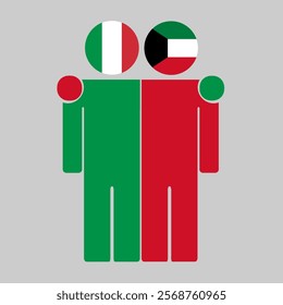 Flat illustration of two human figures with Italy and Kuwait flags as heads. Minimalistic design, isolated background.