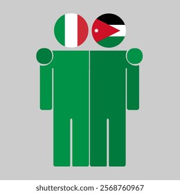 Flat illustration of two human figures with Italy and Jordan flags as heads. Minimalistic design, isolated background.