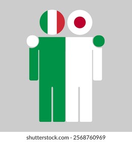 Flat illustration of two human figures with Italy and Japan flags as heads. Minimalistic design, isolated background.