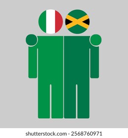 Flat illustration of two human figures with Italy and Jamaica flags as heads. Minimalistic design, isolated background.