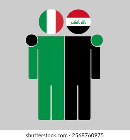 Flat illustration of two human figures with Italy and Iraq flags as heads. Minimalistic design, isolated background.