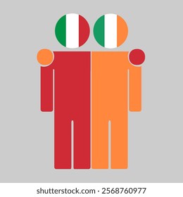 Flat illustration of two human figures with Italy and Ireland flags as heads. Minimalistic design, isolated background.