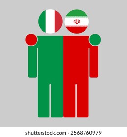 Flat illustration of two human figures with Italy and Iran flags as heads. Minimalistic design, isolated background.