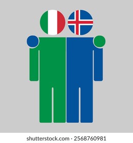 Flat illustration of two human figures with Italy and Iceland flags as heads. Minimalistic design, isolated background.