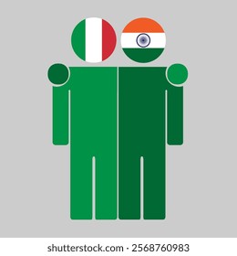 Flat illustration of two human figures with Italy and India flags as heads. Minimalistic design, isolated background.