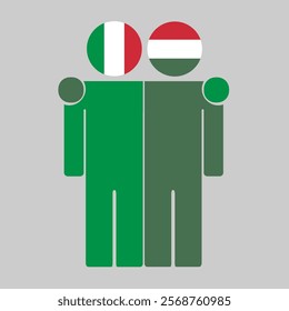 Flat illustration of two human figures with Italy and Hungary flags as heads. Minimalistic design, isolated background.