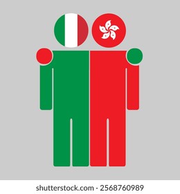 Flat illustration of two human figures with Italy and Hong Kong flags as heads. Minimalistic design, isolated background.