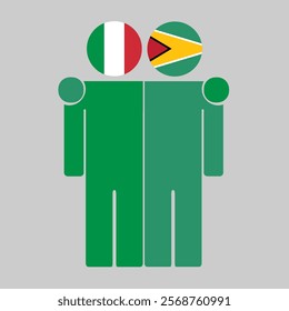 Flat illustration of two human figures with Italy and Guyana flags as heads. Minimalistic design, isolated background.