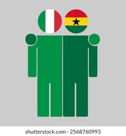 Flat illustration of two human figures with Italy and Ghana flags as heads. Minimalistic design, isolated background.