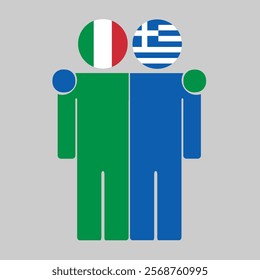 Flat illustration of two human figures with Italy and Greece flags as heads. Minimalistic design, isolated background.