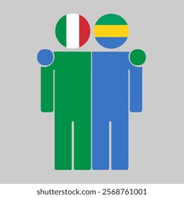 Flat illustration of two human figures with Italy and Gabon flags as heads. Minimalistic design, isolated background.