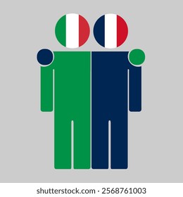 Flat illustration of two human figures with Italy and France flags as heads. Minimalistic design, isolated background.