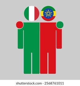 Flat illustration of two human figures with Italy and Ethiopia flags as heads. Minimalistic design, isolated background.