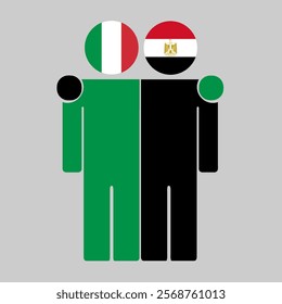 Flat illustration of two human figures with Italy and Egypt flags as heads. Minimalistic design, isolated background.