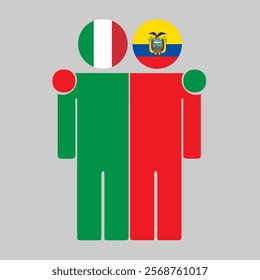 Flat illustration of two human figures with Italy and Ecuador flags as heads. Minimalistic design, isolated background.