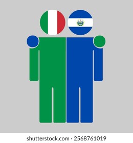 Flat illustration of two human figures with Italy and El Salvador flags as heads. Minimalistic design, isolated background.