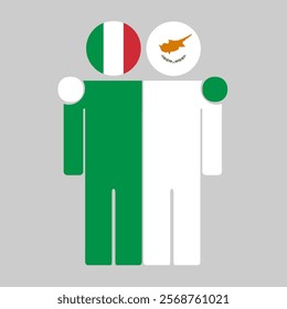 Flat illustration of two human figures with Italy and Cyprus flags as heads. Minimalistic design, isolated background.