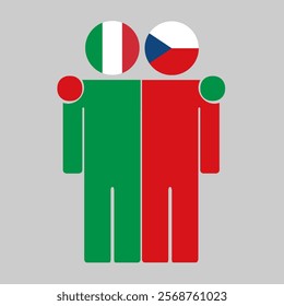 Flat illustration of two human figures with Italy and Czech Republic flags as heads. Minimalistic design, isolated background.