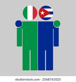 Flat illustration of two human figures with Italy and Cuba flags as heads. Minimalistic design, isolated background.