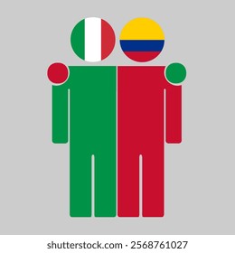 Flat illustration of two human figures with Italy and Colombia flags as heads. Minimalistic design, isolated background.