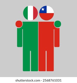 Flat illustration of two human figures with Italy and Chile flags as heads. Minimalistic design, isolated background.