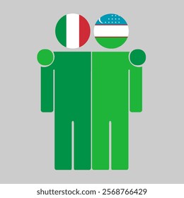 Flat illustration of two human figures with Italy and Uzbekistan flags as heads. Minimalistic design, isolated background.