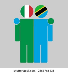 Flat illustration of two human figures with Italy and Tanzania flags as heads. Minimalistic design, isolated background.