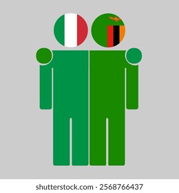 Flat illustration of two human figures with Italy and Zambia flags as heads. Minimalistic design, isolated background.