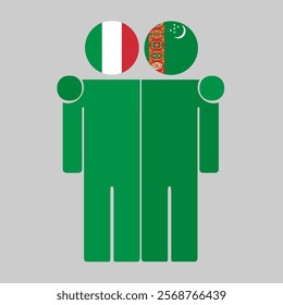 Flat illustration of two human figures with Italy and Turkmenistan flags as heads. Minimalistic design, isolated background.