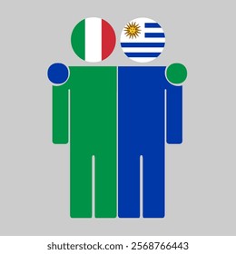 Flat illustration of two human figures with Italy and Uruguay flags as heads. Minimalistic design, isolated background.