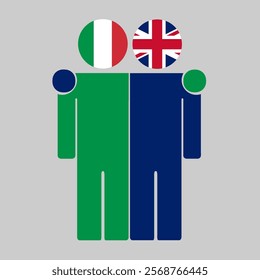 Flat illustration of two human figures with Italy and UK flags as heads. Minimalistic design, isolated background.