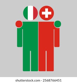 Flat illustration of two human figures with Italy and Switzerland flags as heads. Minimalistic design, isolated background.