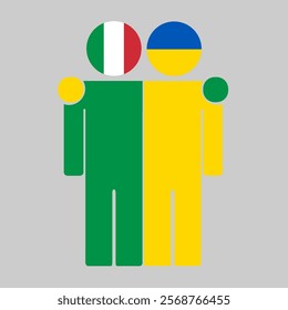 Flat illustration of two human figures with Italy and Ukraine flags as heads. Minimalistic design, isolated background.