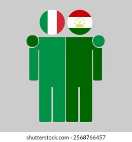 Flat illustration of two human figures with Italy and Tajikistan flags as heads. Minimalistic design, isolated background.