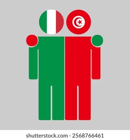 Flat illustration of two human figures with Italy and Tunisia flags as heads. Minimalistic design, isolated background.