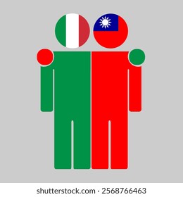 Flat illustration of two human figures with Italy and Taiwan flags as heads. Minimalistic design, isolated background.