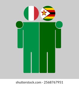 Flat illustration of two human figures with Italy and Zimbabwe flags as heads. Minimalistic design, isolated background.