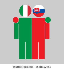 Flat illustration of two human figures with Italy and Slovakia flags as heads. Minimalistic design, isolated background.