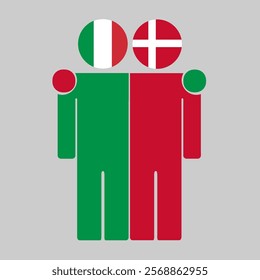 Flat illustration of two human figures with Italy and Denmark flags as heads. Minimalistic design, isolated background.