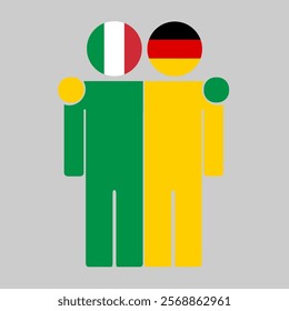 Flat illustration of two human figures with Italy and Germany flags as heads. Minimalistic design, isolated background.