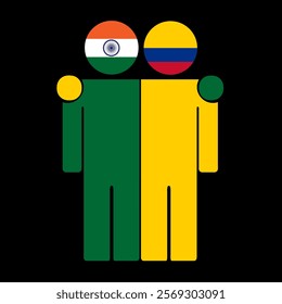 Flat illustration of two human figures with India and Colombia flags as heads. Minimalistic design, isolated background.